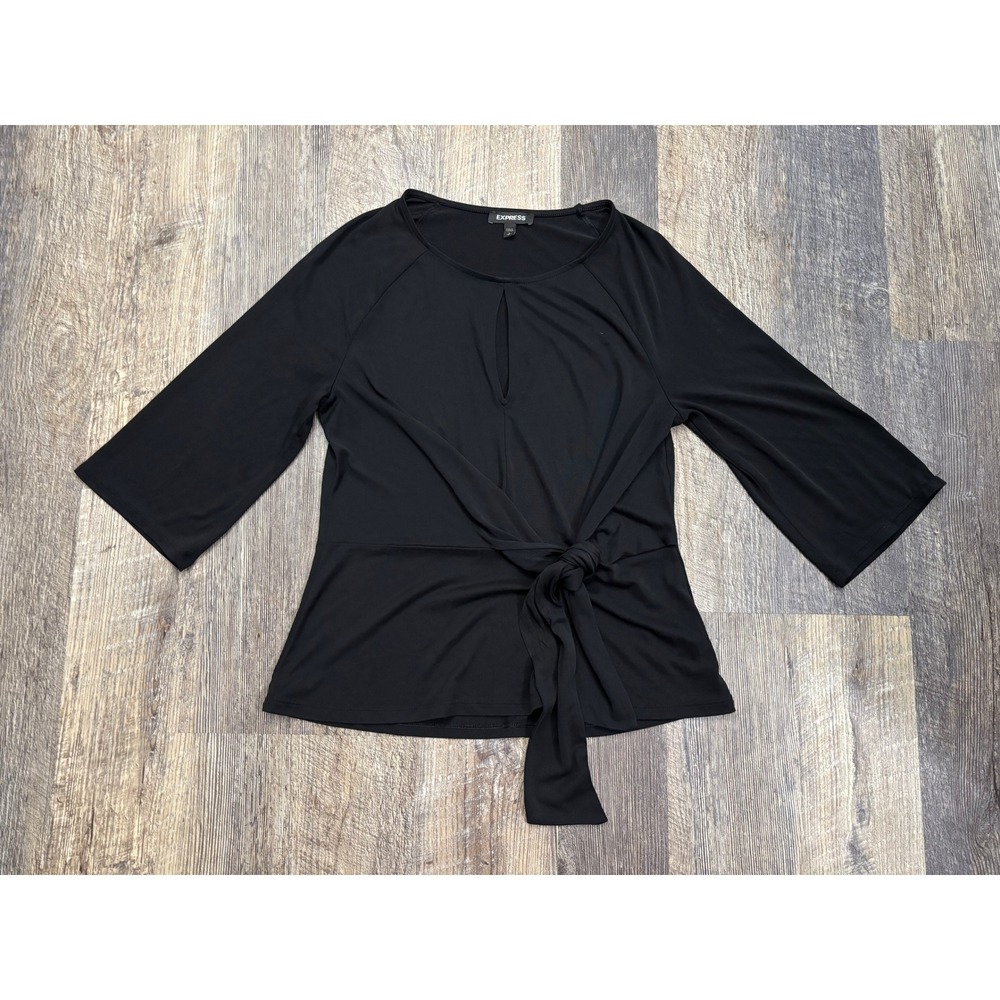 Express Womens Black Keyhole Side Tie Knot 3/4 Sleeve Knit Top Small RN 55285